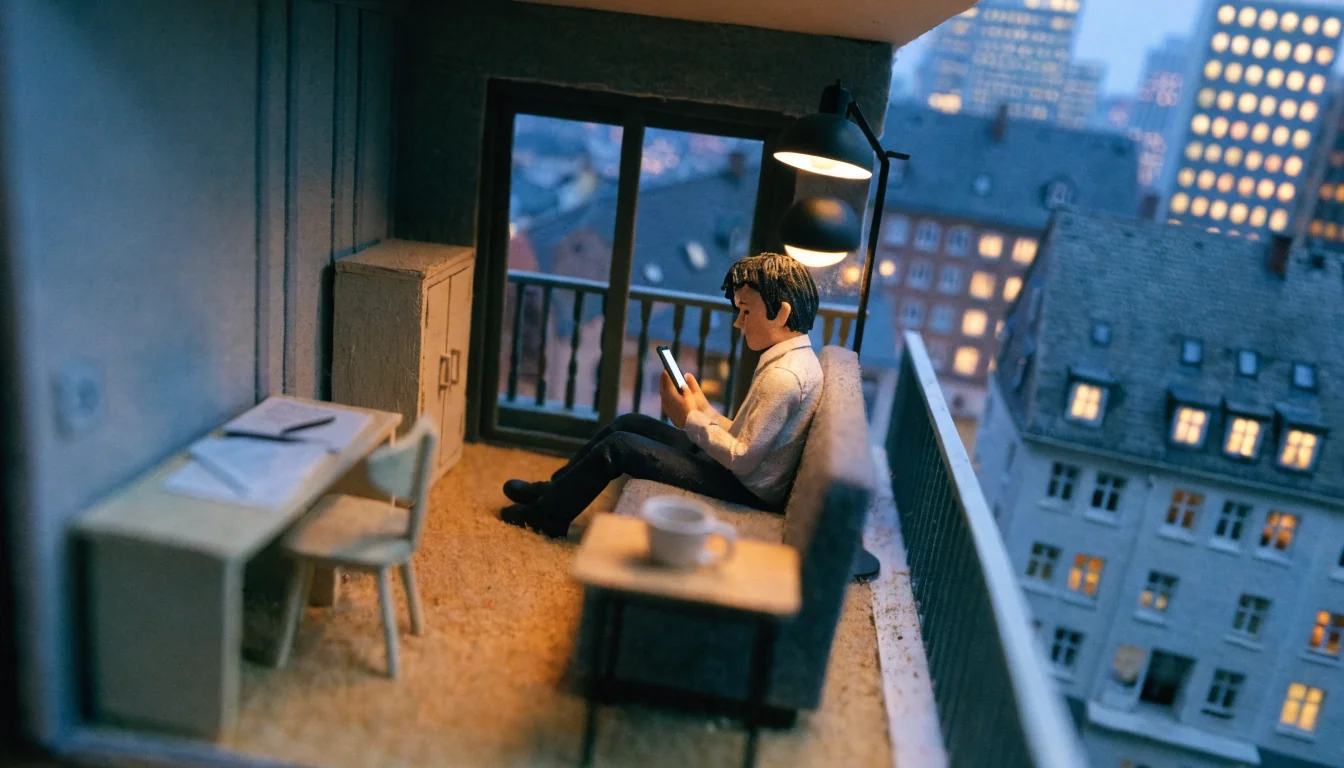 Junger Mann auf Sofa mit Smartphone und Kaffeetasse in modernem deutschen Wohnzimmer.