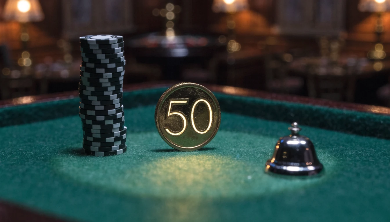 Goldene 50-Euro-Münze auf grünem Spieltisch mit Casino-Chips und Roulette im Hintergrund