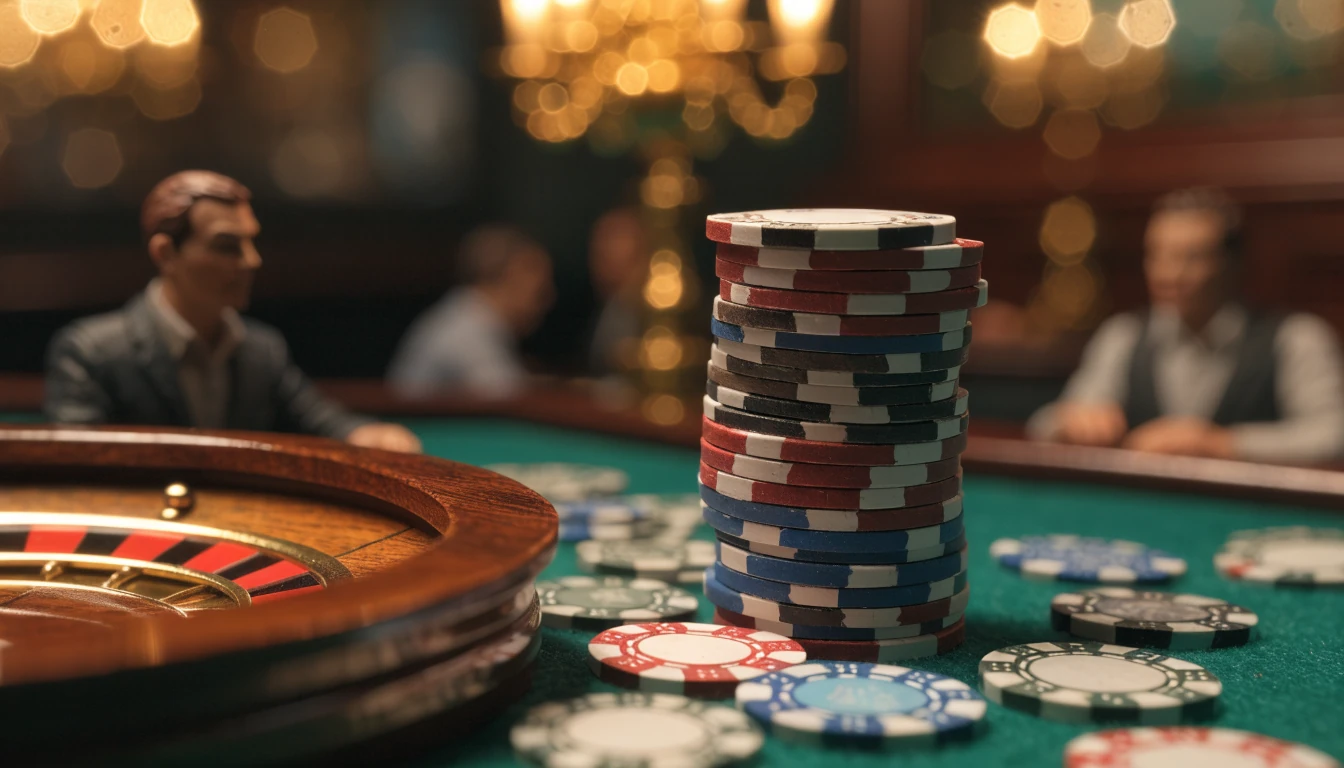 Gestapelte Pokerchips auf grünem Filztisch neben Roulette-Rad unter warmem Kronleuchter