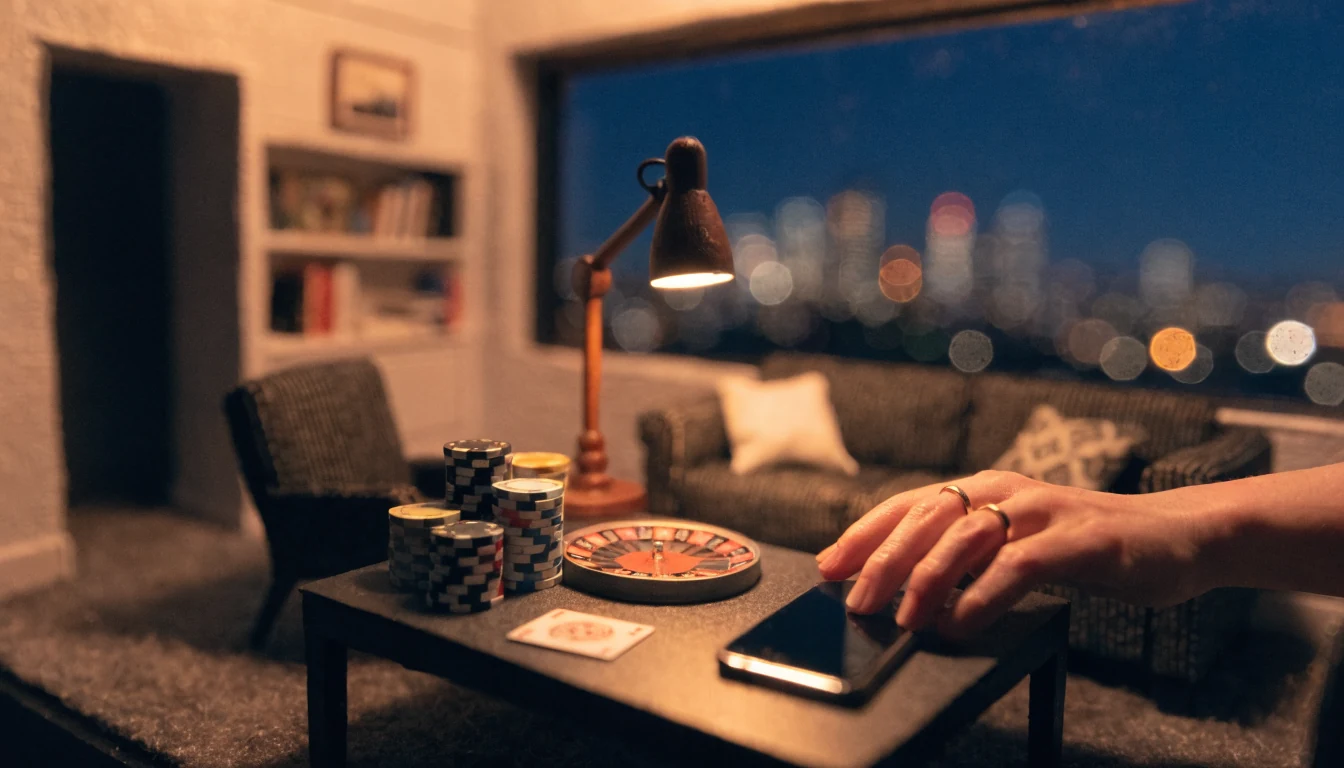 Modernes Wohnzimmer mit Casino-Chips, Spielkarte und Smartphone auf dem Tisch