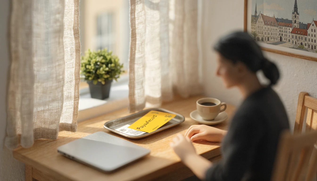 Person am Schreibtisch mit geschlossenem Laptop und gelbem Paysafecard-Gutschein in modernem deutschen Wohnzimmer