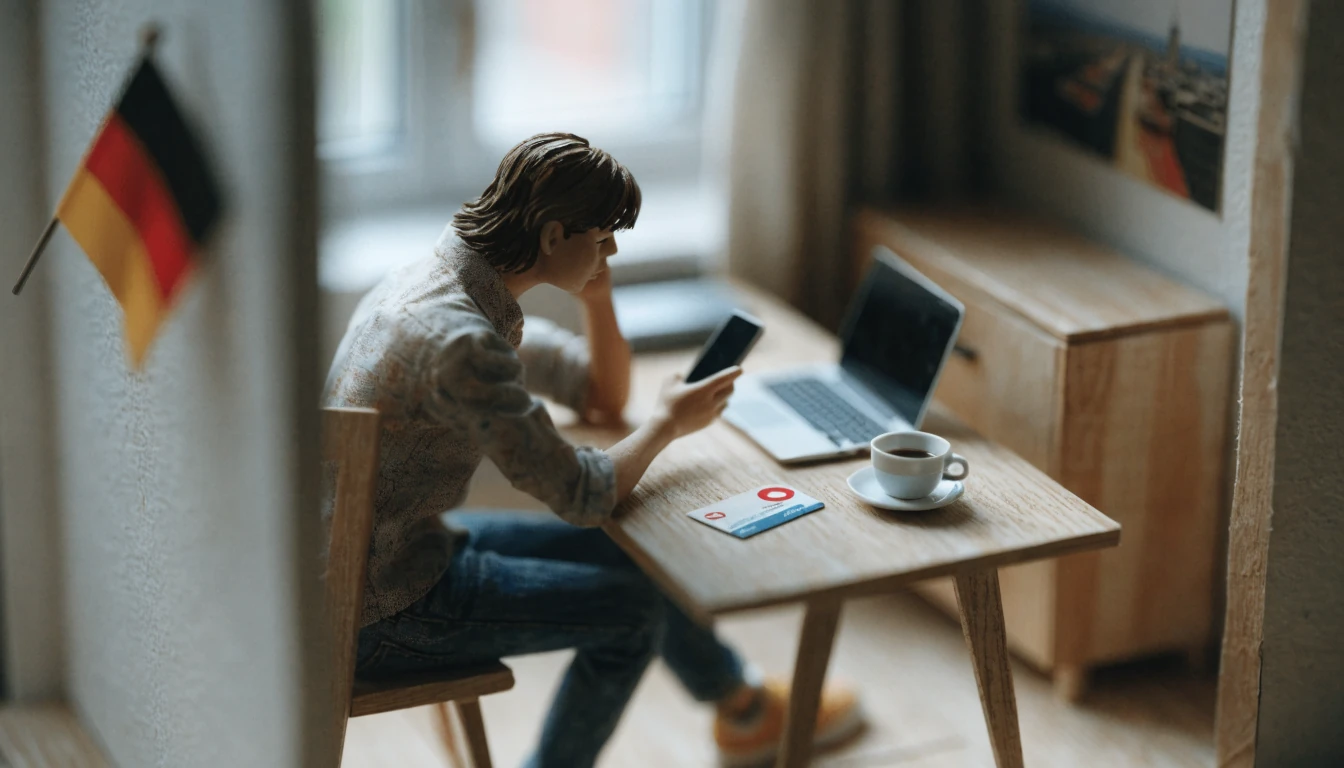 Person mit Smartphone und Revolut-Karte am Schreibtisch in einer deutschen Wohnung.