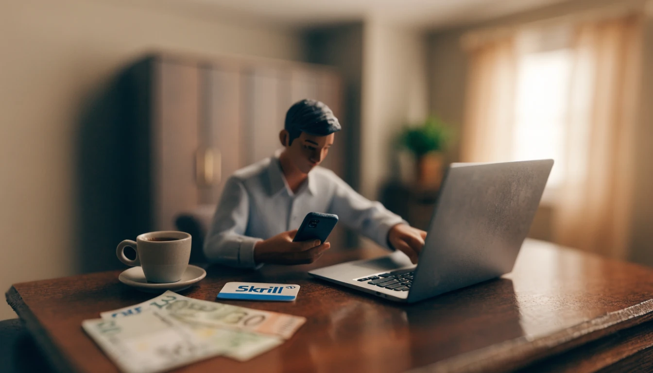 Person am Schreibtisch mit Smartphone und Laptop, Skrill-Karte und Euro-Scheine auf dem Tisch.