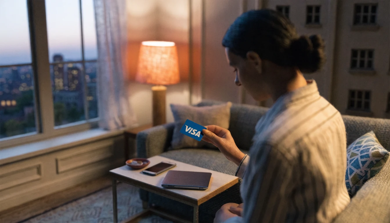 Person mit Visa-Karte und Smartphone im deutschen Wohnzimmer
