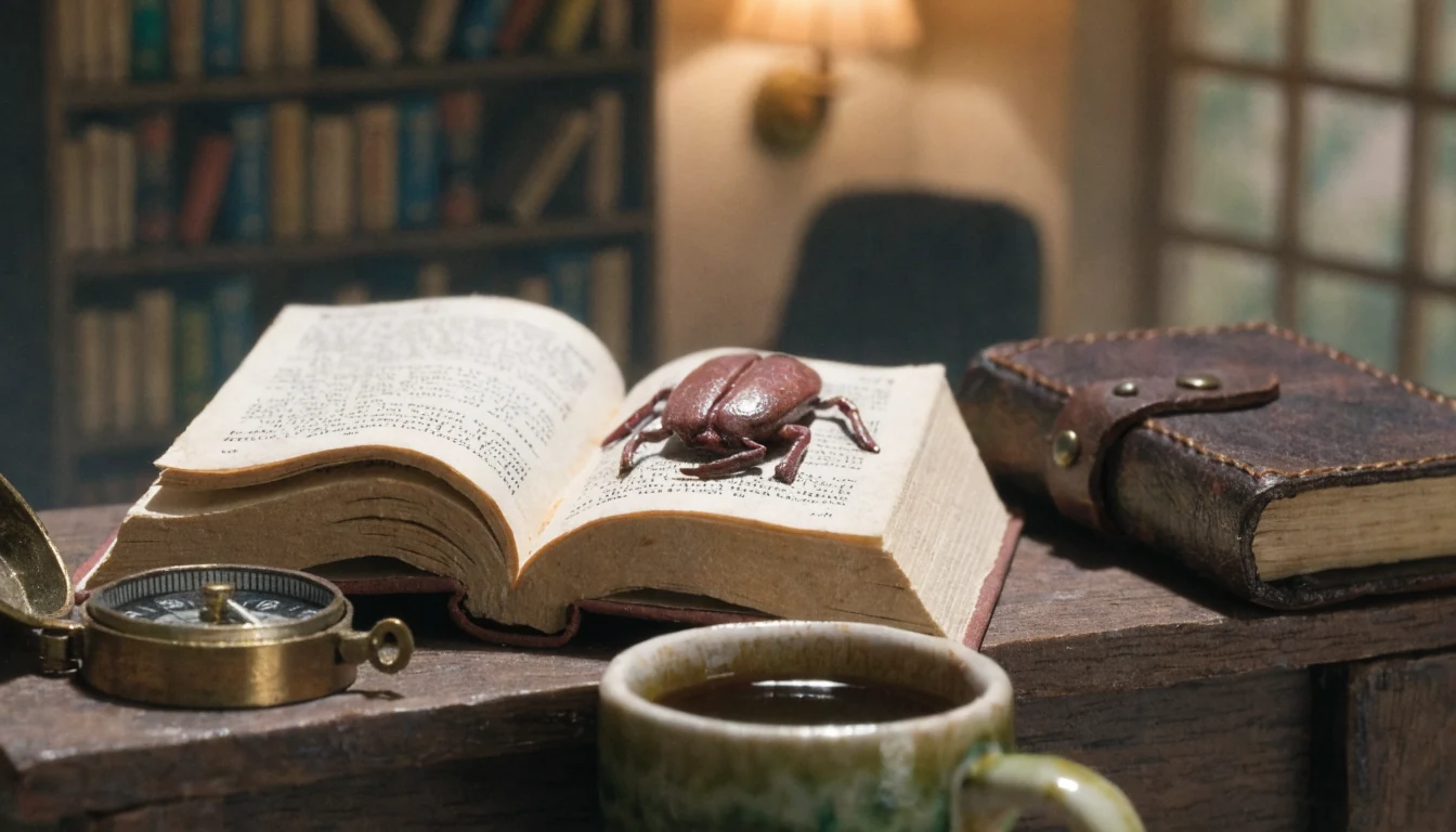 Buch mit ägyptischem Skarabäus auf deutschem Schreibtisch