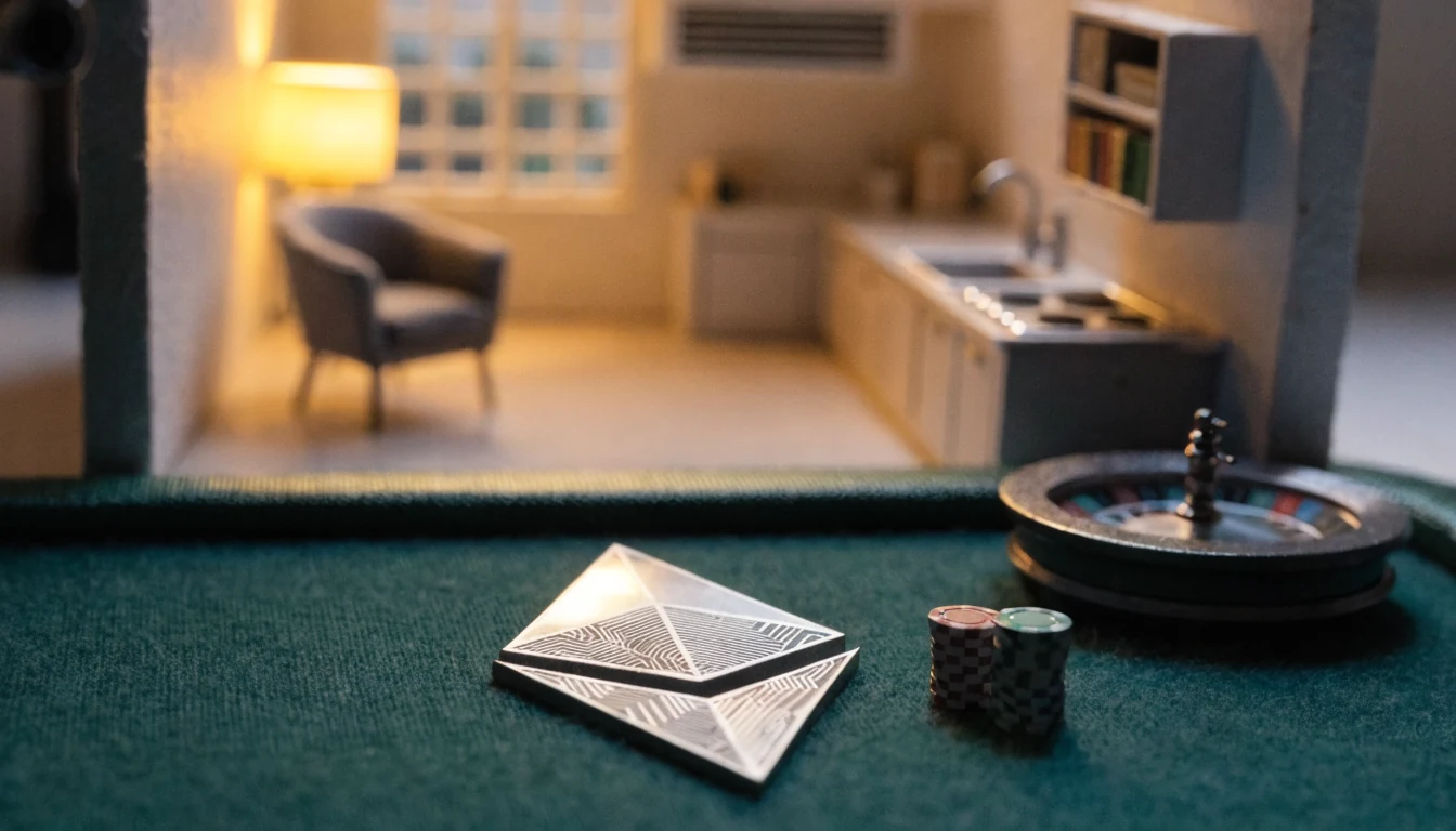 Ethereum-Symbol auf Casinotisch mit Jetons und Roulette in modernem Wohnzimmer