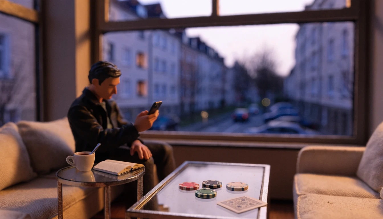 Mann auf dem Sofa mit Smartphone, abends in einer deutschen Wohnung mit Spielchips auf dem Tisch