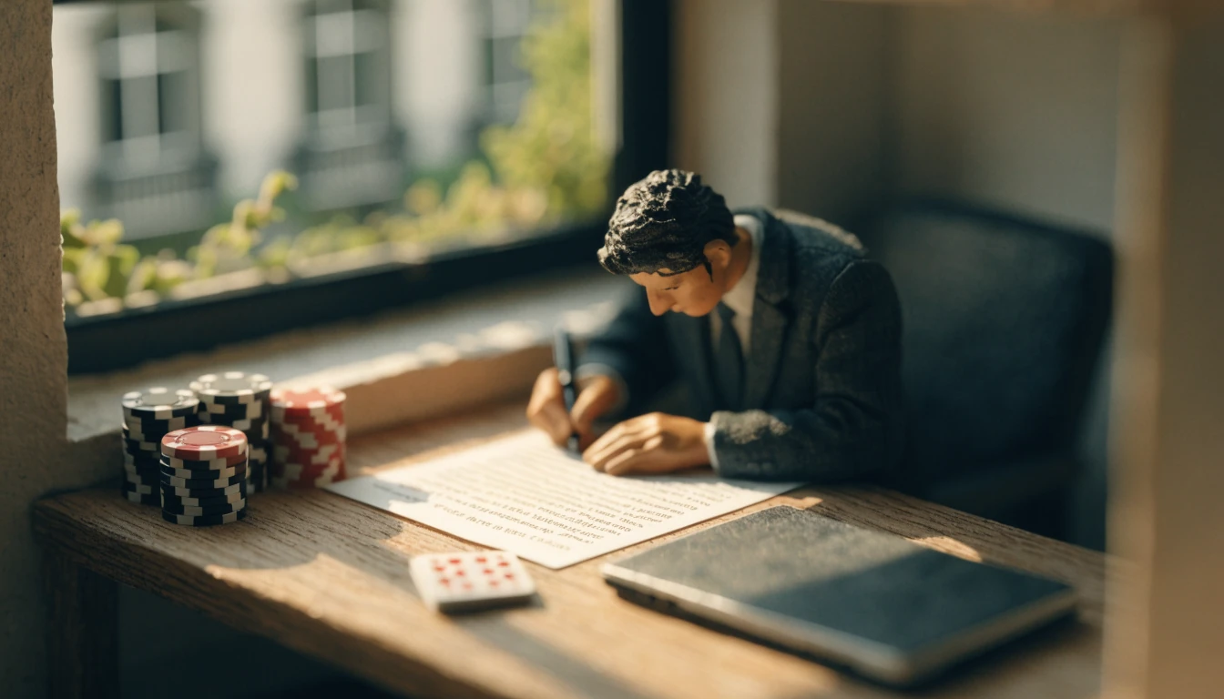 Person liest aufmerksam Bonusbedingungen am Schreibtisch mit Spielchips und Karten