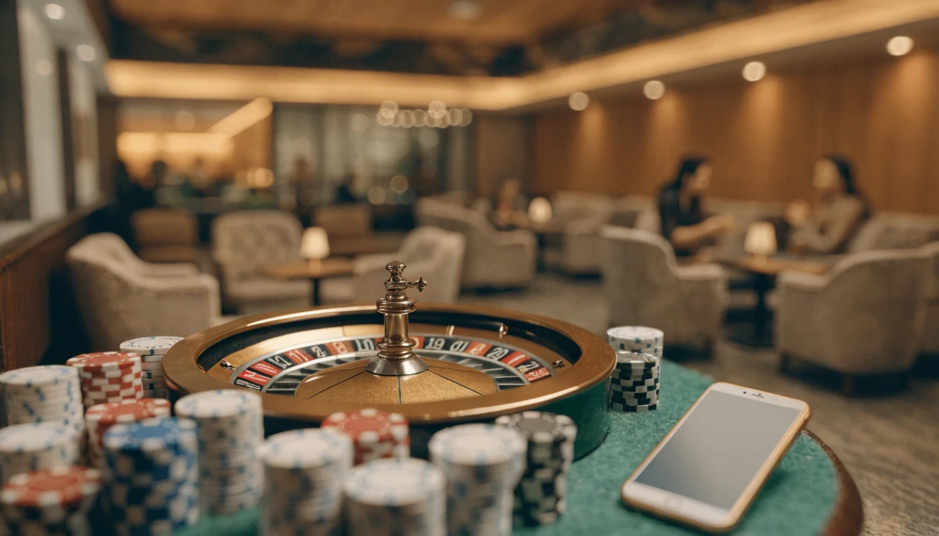 Stilvolle Casino-Lounge in Deutschland mit Roulette-Tisch, Chips und Smartphone neben dem Spieltisch.