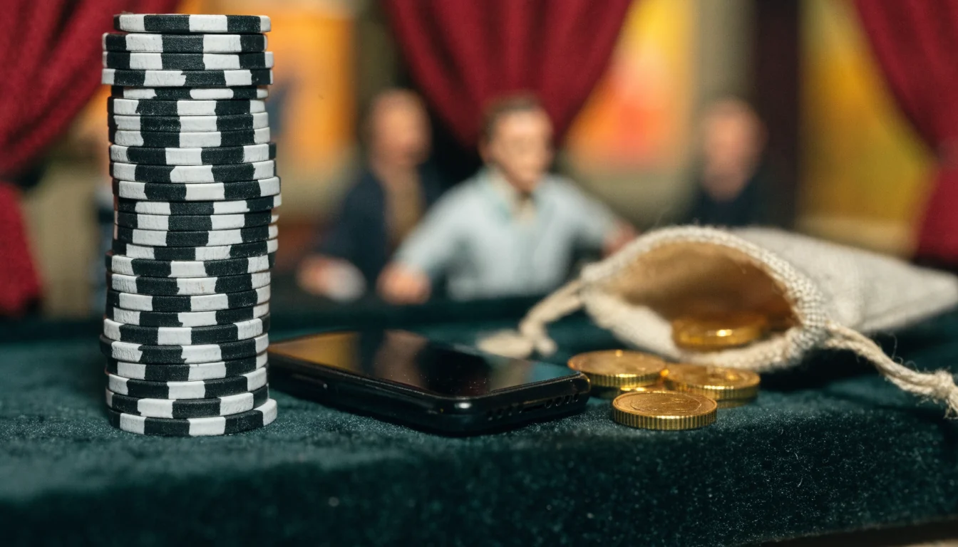 Ein Stapel Casino-Chips neben einem Smartphone auf einem Samttisch mit Goldmünzen und rotem Vorhang.