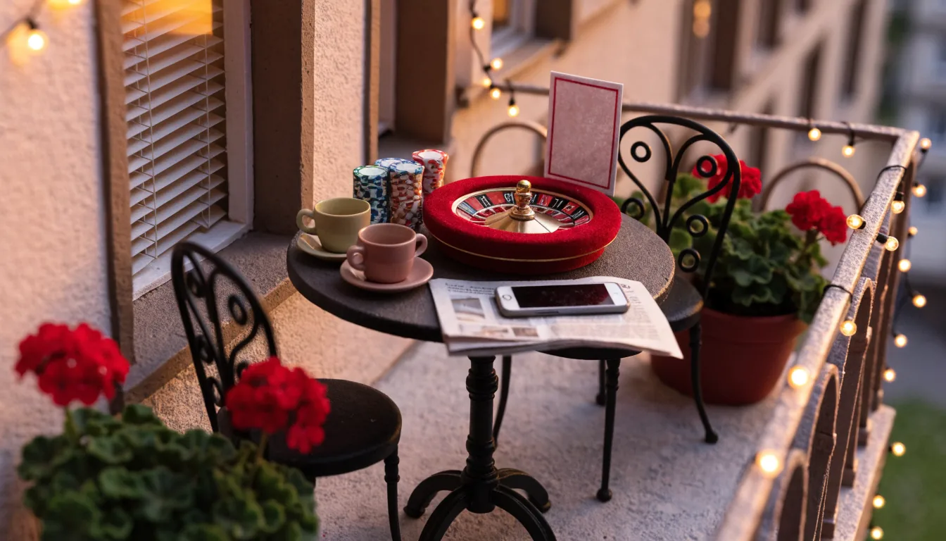 Casino-Bonus-Szene auf einem deutschen Balkon mit Chips und Roulette