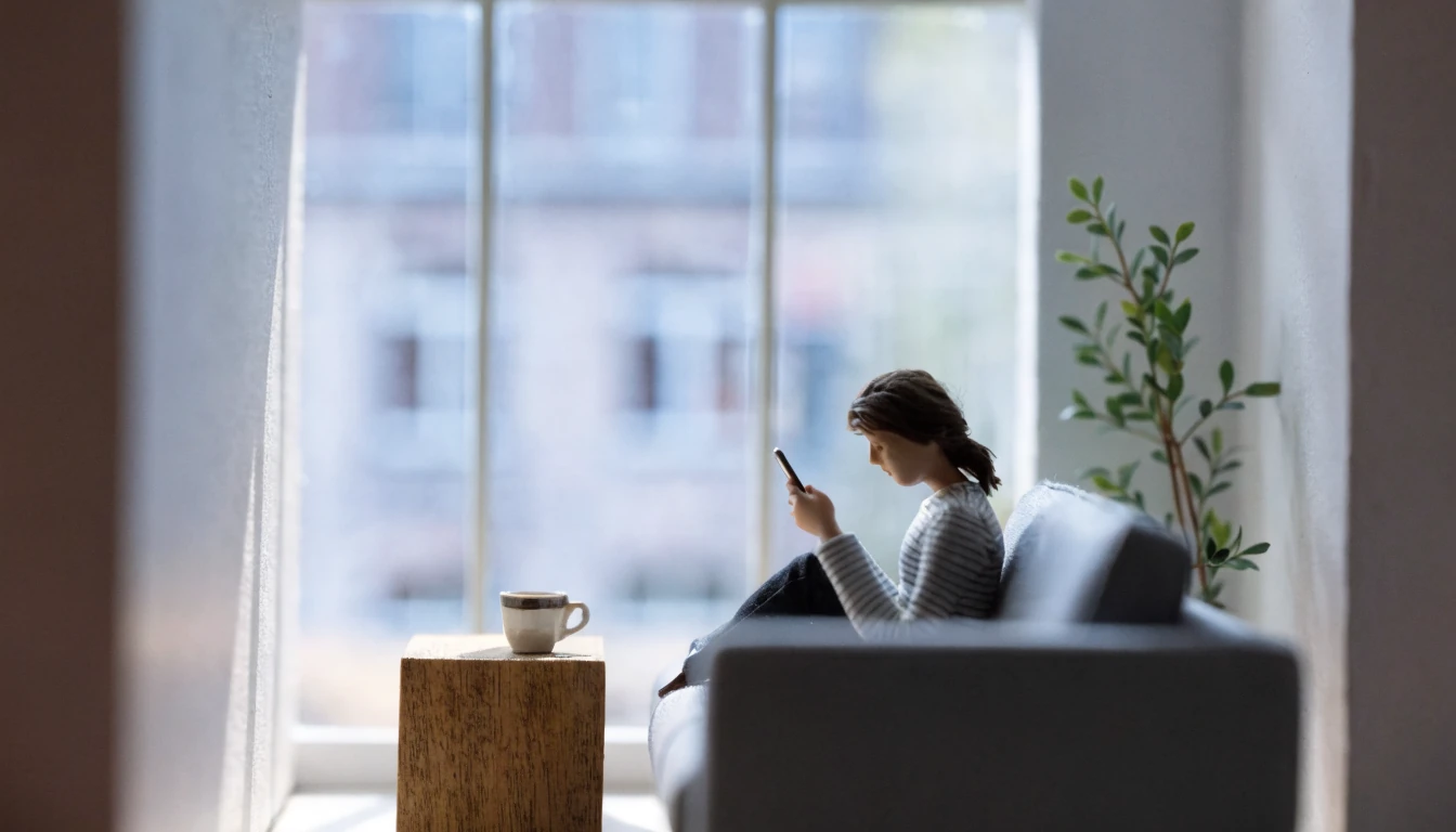 Entspannte Person auf modernem Sofa mit Smartphone in heller deutscher Wohnung