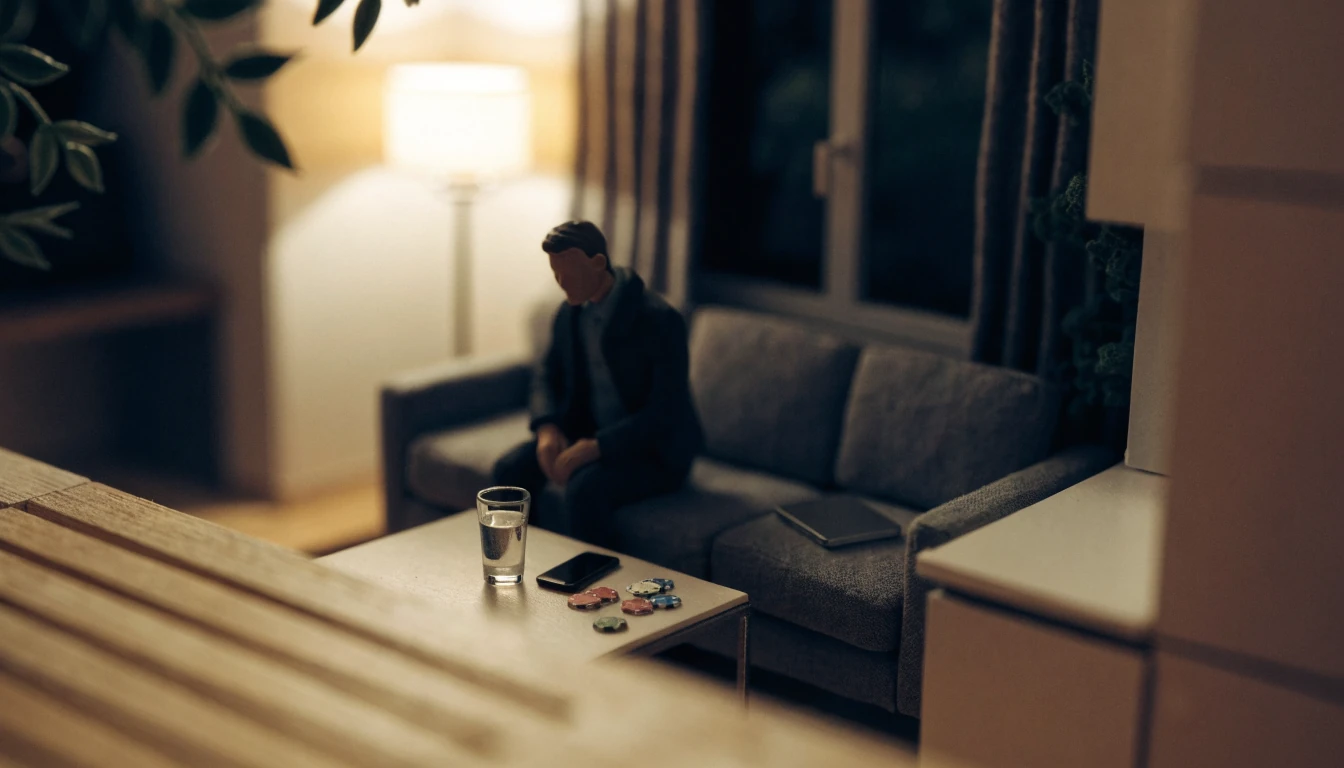 Abendliche Szene in einer deutschen Wohnung mit geschlossenem Laptop und Pokerchips