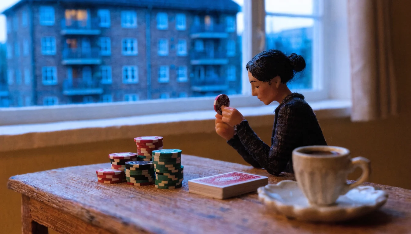 Person mit Pokerchip am Tisch in deutscher Wohnung am Abend